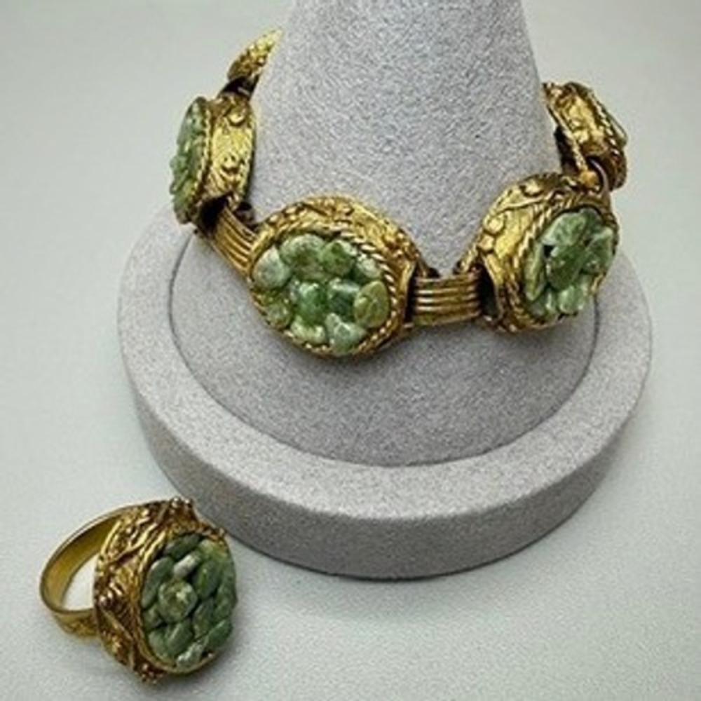Vintage Gold Tone Green Stone Ring and Bracelet Set MCM Etruscan Revival Chic